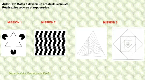 Trois œuvres d'art géométrique : une illusion d'optique avec des formes, un damier déformé et des carrés imbriqués.
