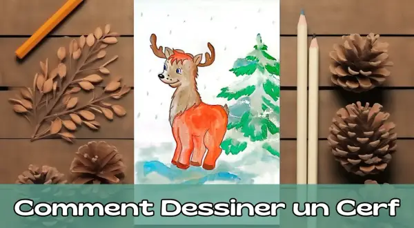 Un dessin de cerf de Noël, avec des crayons et des pommes de pin, sur un fond de bois.