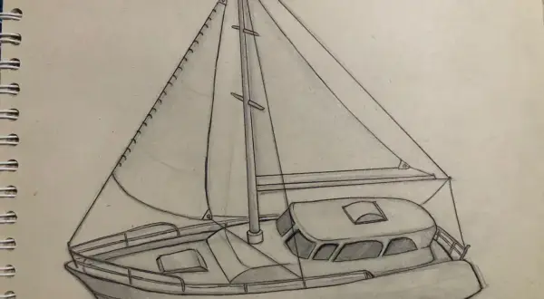 Un dessin au crayon d'un voilier avec ses voiles gonflées par le vent, prêt à naviguer.