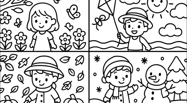 Un dessin 4 saisons facile : une fille au printemps, un garçon en été avec un cerf-volant, un autre garçon en automne avec des feuilles, et un dernier en hiver avec un bonhomme de neige.