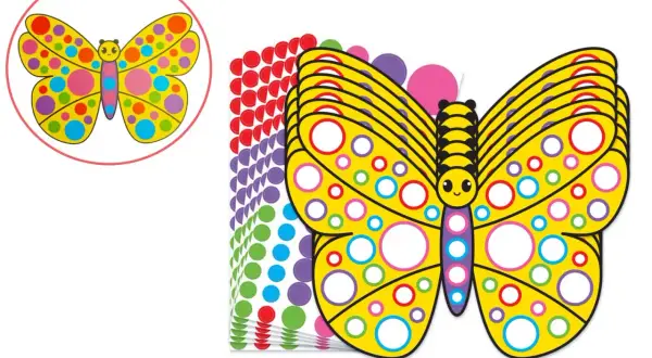 Papillons jaunes décorés de cercles colorés, prêts à être personnalisés. Un set de stickers en demi format A4 pour créer des œuvres vives.