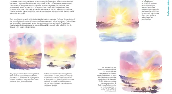 Aquarelles de paysages ensoleillés, illustrant la technique de peinture à l'eau pour capturer la lumière.