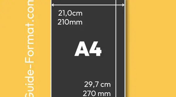 Le format A4, avec une dimension papier de 21,0 cm x 29,7 cm, est clairement indiqué.