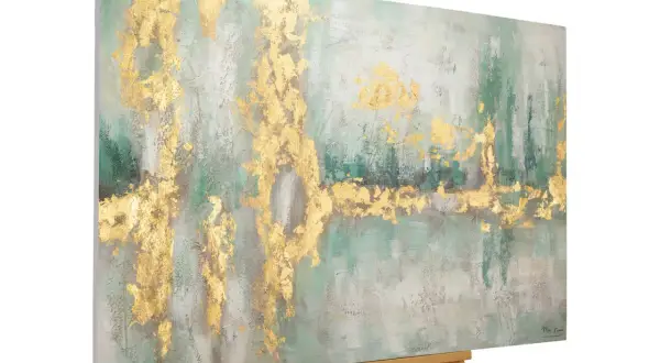 Peinture abstraite sur toile avec des touches dorées et des nuances de vert et de gris. Une belle idée de dessin sur toile facile pour décorer votre intérieur.