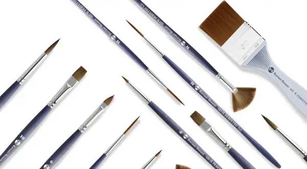 Un assortiment de pinceaux de différentes tailles et formes, dont un pinceau à lavis, pour des créations artistiques.
