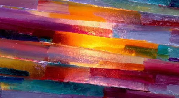 Peinture abstraite connue aux couleurs vives, évoquant un coucher de soleil vibrant. Les coups de pinceau épais créent une texture riche.