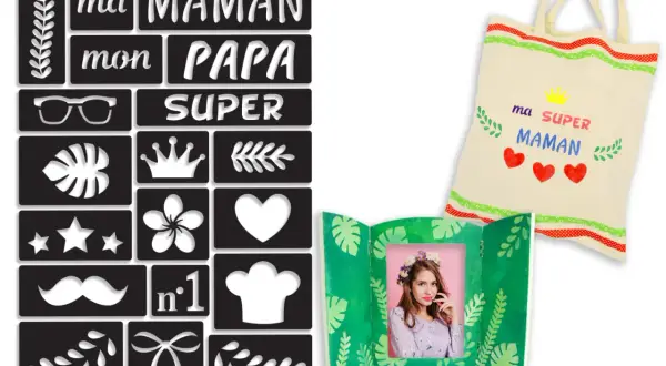 Ensemble de pochoirs pour créer un cadeau personnalisé : "ma SUPER maman" sur un tote bag, avec des motifs variés pour un dessin pochoir facile.