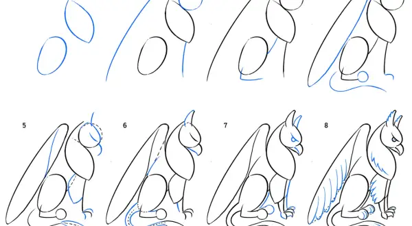 Étapes pour un griffon dessin facile. De simples formes guident la création de cette créature mythique.