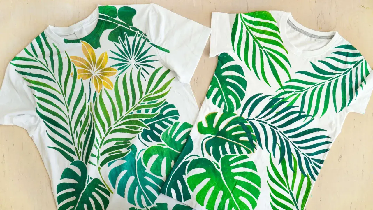 Deux tee-shirts blancs ornés d'une peinture de feuilles tropicales vertes et d'une fleur dorée.