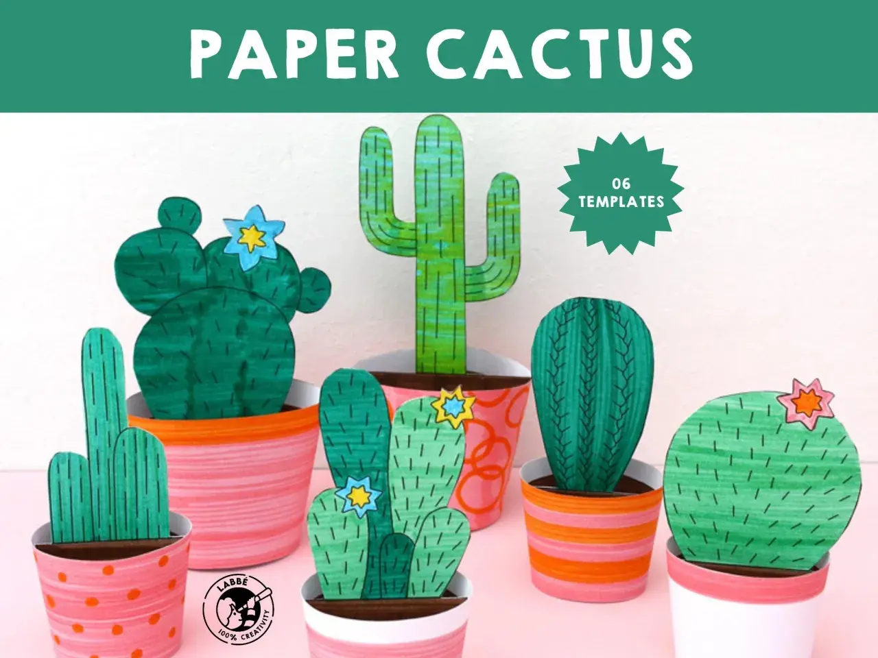 Plusieurs cactus en papier aux formes variées, certains décorés de fleurs, sont présentés dans des pots colorés.
