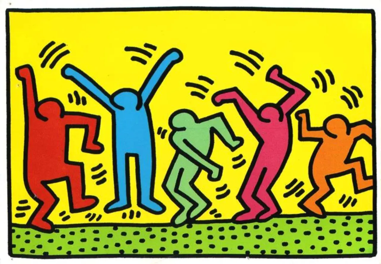 Un artiste bonhomme coloré, avec des silhouettes vives dansant sur un fond jaune.