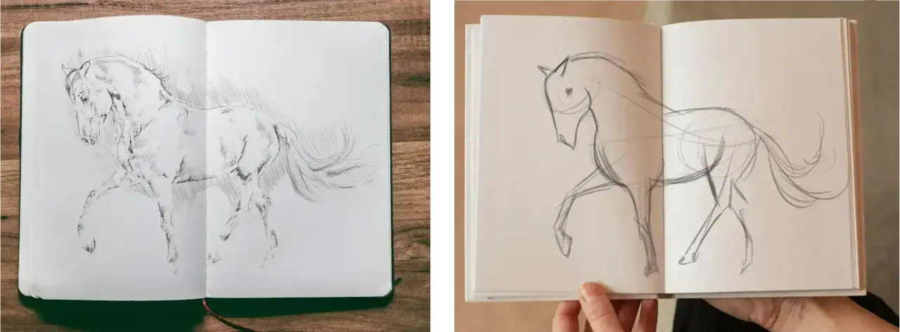 Deux croquis sur le vif de chevaux dans un carnet ouvert. L'un est détaillé, l'autre est une esquisse rapide.