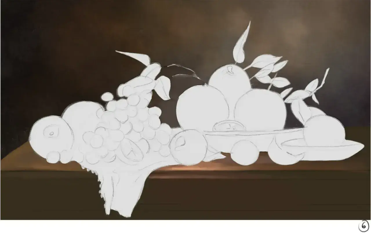Un dessin nature morte moderne esquisse des fruits sur une table, avec des raisins, des oranges et des feuilles.