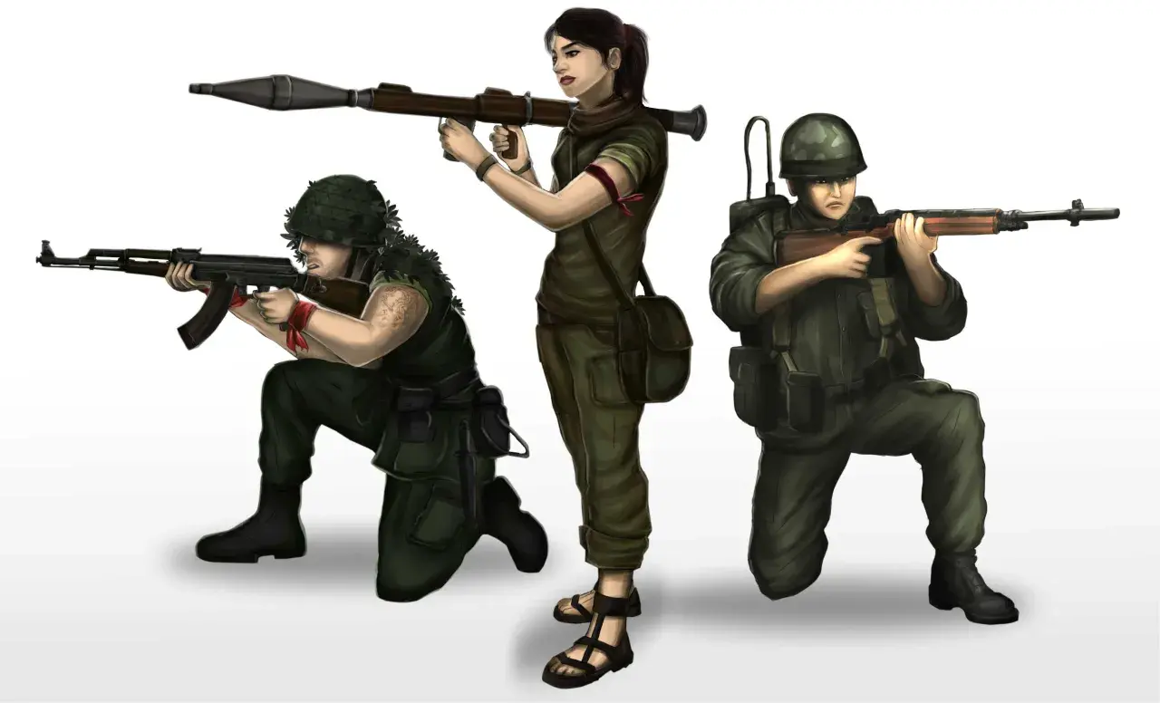 Trois soldats en tenue militaire, un tenant un lance-roquettes, un autre un fusil, et le troisième un fusil d'assaut. Un dessin de guerre facile à faire.