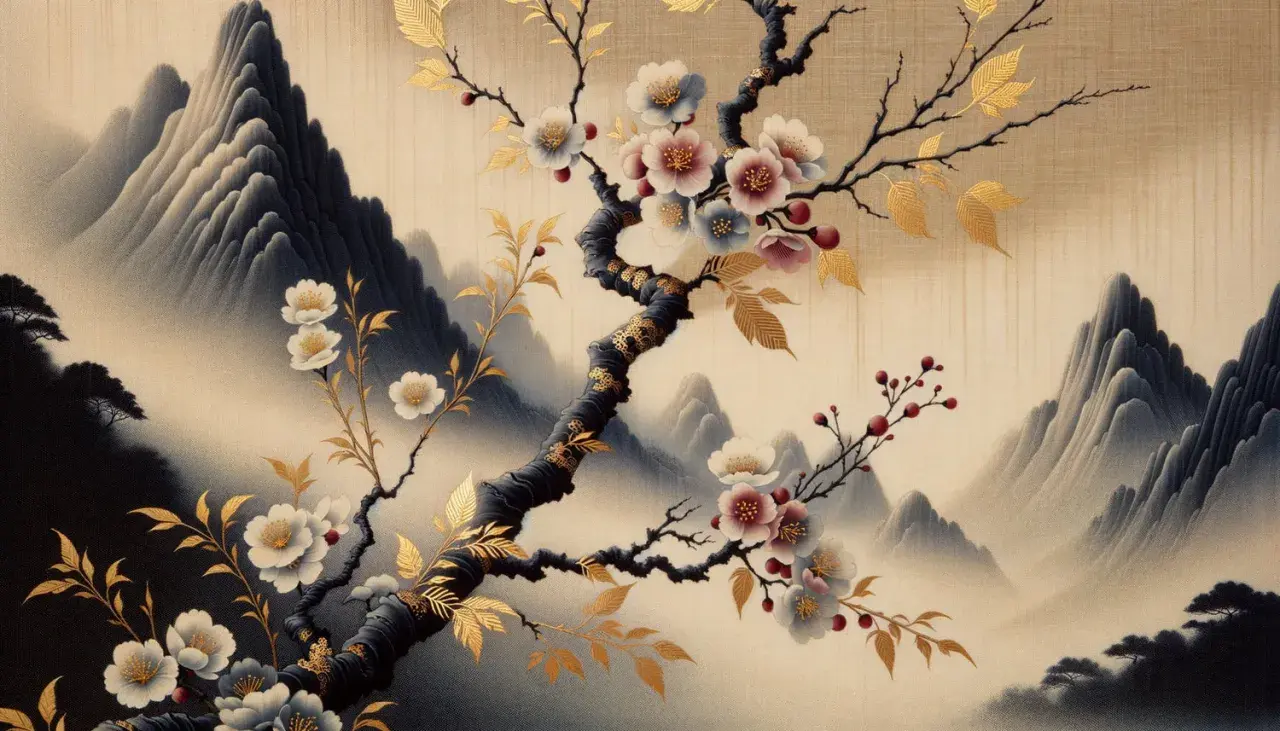 Fleurs délicates et montagnes brumeuses dans un style évoquant un peintre japonais contemporain abstrait. L'or des feuilles contraste avec le bleu des montagnes.