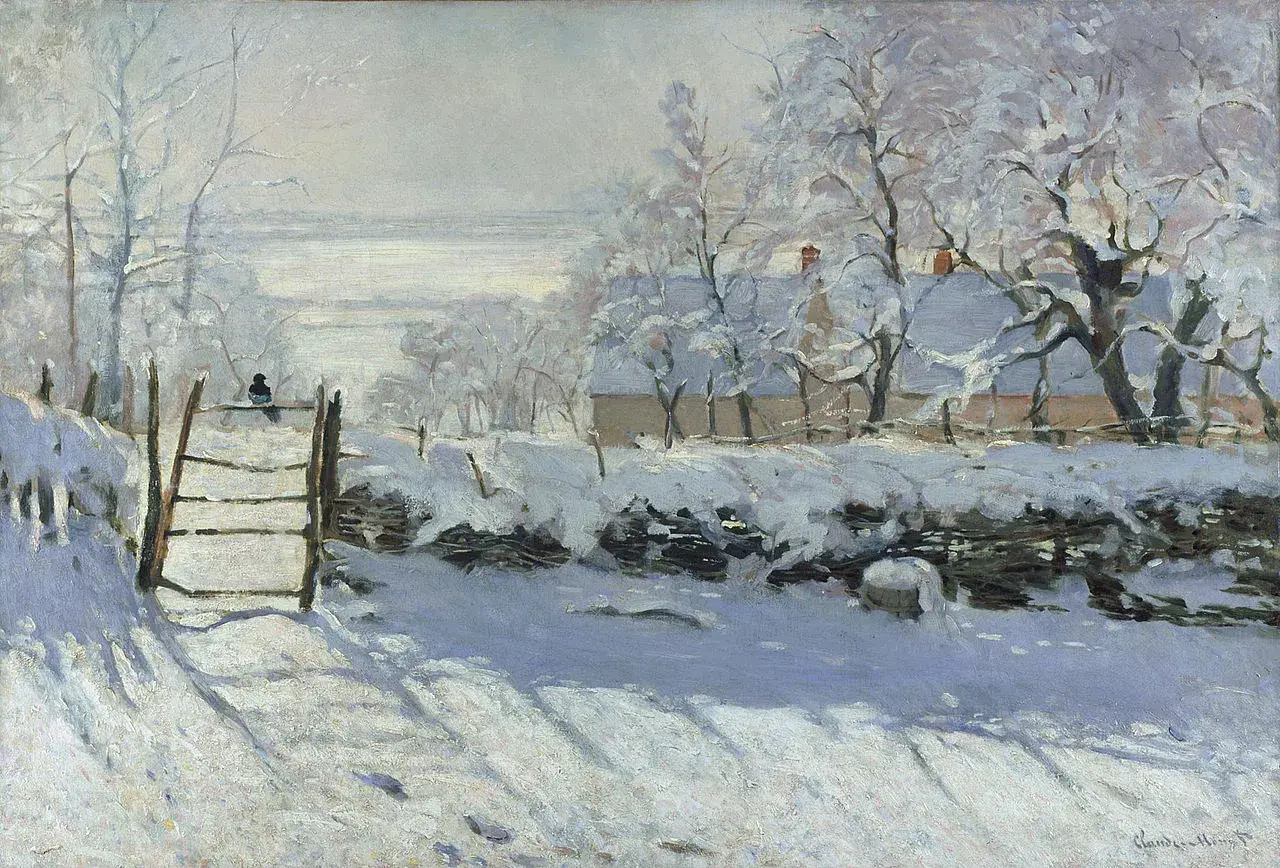 Monet paysage de neige : un petit oiseau noir sur une barrière enneigée, une maison et des arbres couverts de givre.