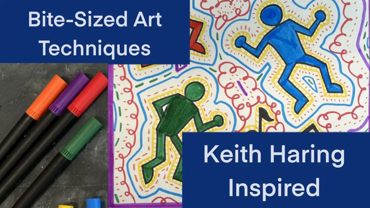 Dessin coloré inspiré par le personnage Keith Haring, avec des formes humaines stylisées et des motifs abstraits.
