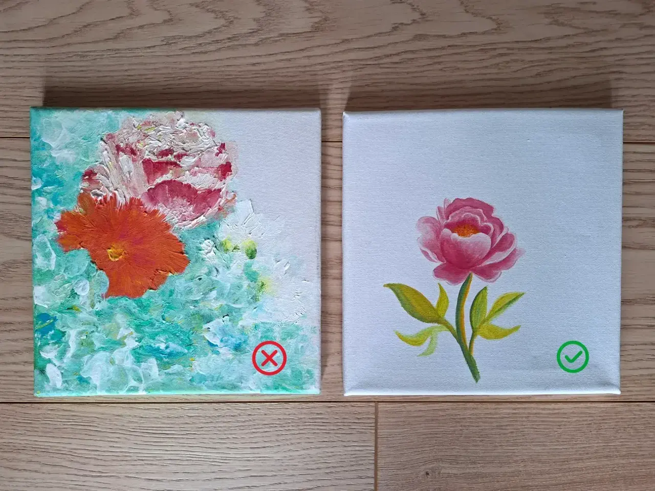 Deux peintures acryliques de fleurs. L'une est un bouquet abstrait avec un X rouge, l'autre une pivoine rose avec une coche verte.