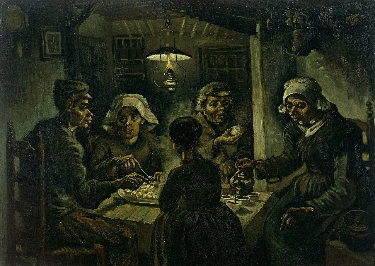 Ce tableau de Van Gogh, "Les Mangeurs de pommes de terre", dépeint une famille paysanne partageant un repas simple à la lueur d'une lampe.