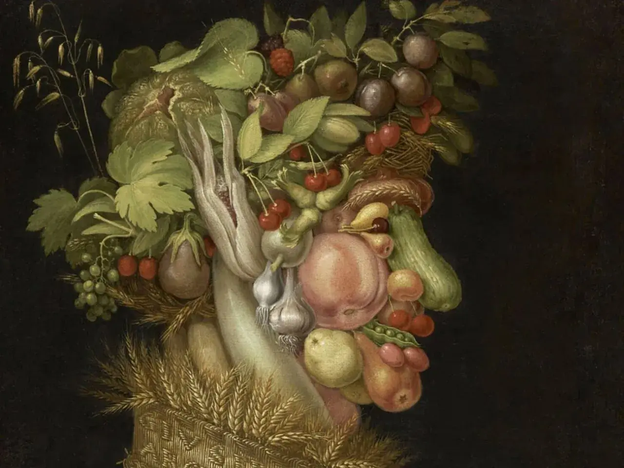 Portrait composé d'une tête humaine formée de fruits, légumes et fleurs, une des célèbres œuvres d'art de Giuseppe Arcimboldo.