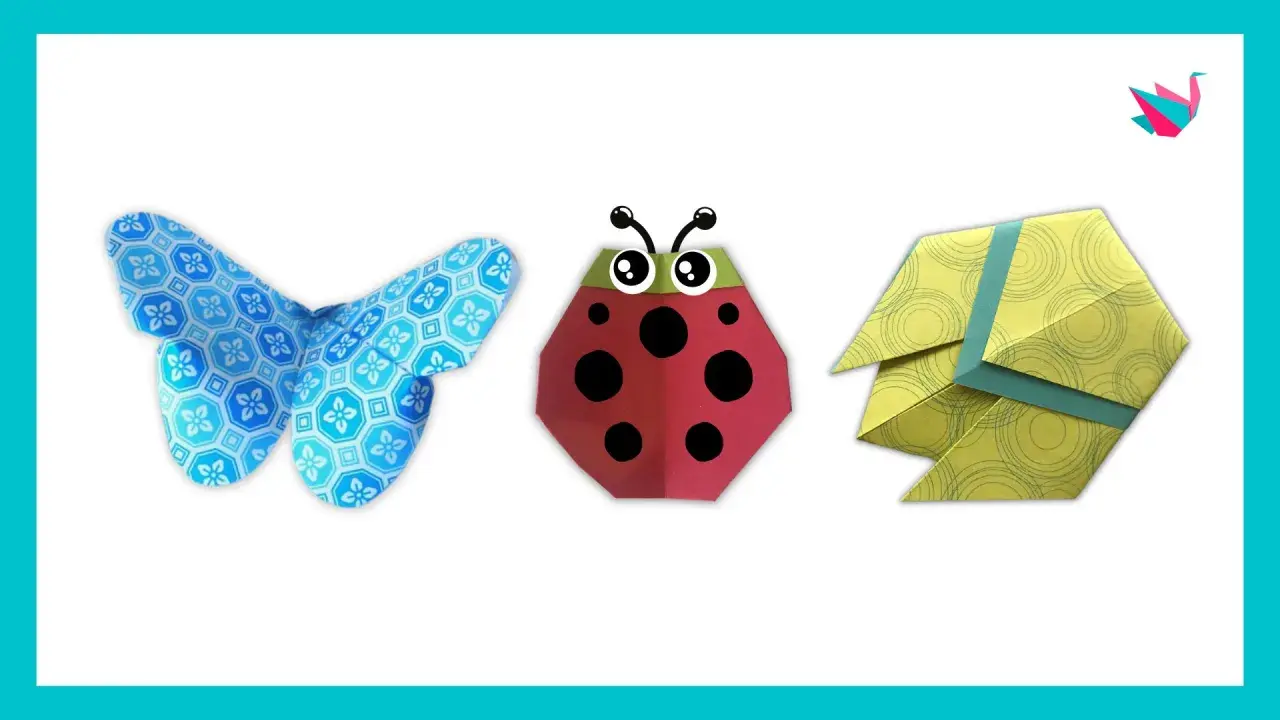 Un papillon bleu, une coccinelle rouge et un insecte jaune, trois créations d'insecte en papier facile.