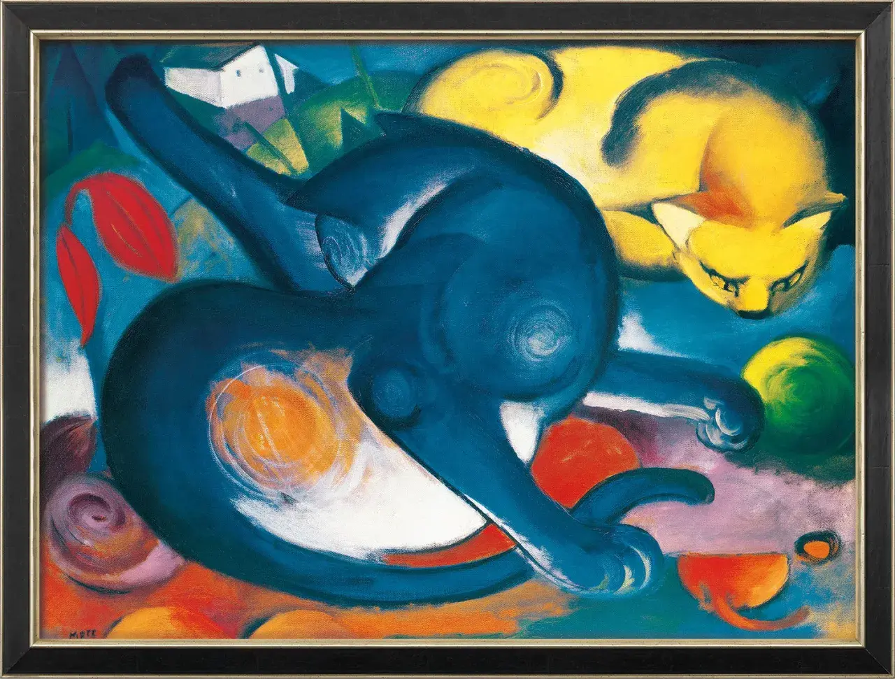 Deux chats aux couleurs vives, l'un bleu, l'autre jaune, dansent dans un paysage abstrait. Une œuvre de Franz Marc, ce "chat" exprime la joie et le mouvement.