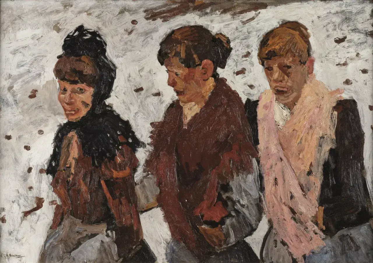 Trois femmes, peintes dans un style expressif rappelant un peintre hollandais contemporain, avancent ensemble sur un fond texturé.