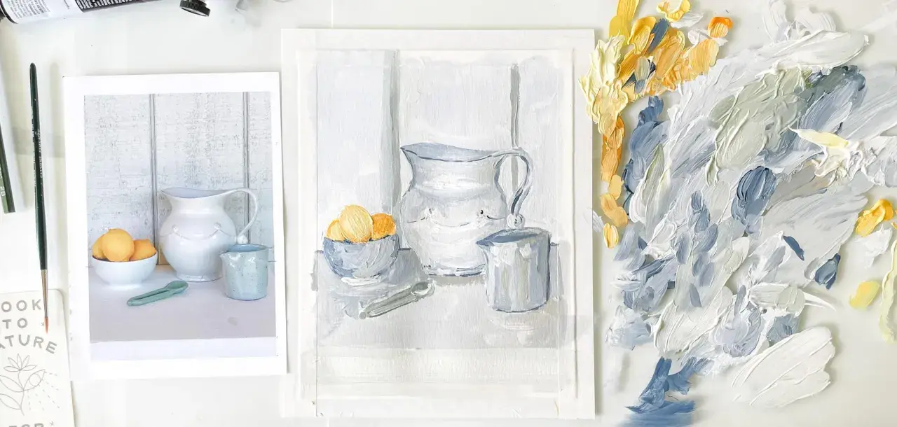 Peinture d'une nature morte facile : cruches et fruits dans des tons doux, avec des touches de jaune vif.