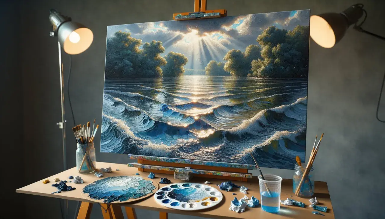 Un artiste s'applique à peindre l'eau et les reflets du soleil sur des vagues tumultueuses, entouré de ses outils.