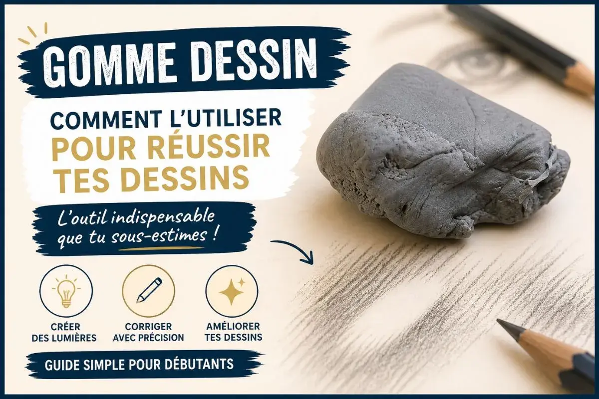 Gomme à dessin grise, prête à corriger et améliorer tes dessins. Apprends comment nettoyer une gomme pour des traits parfaits.