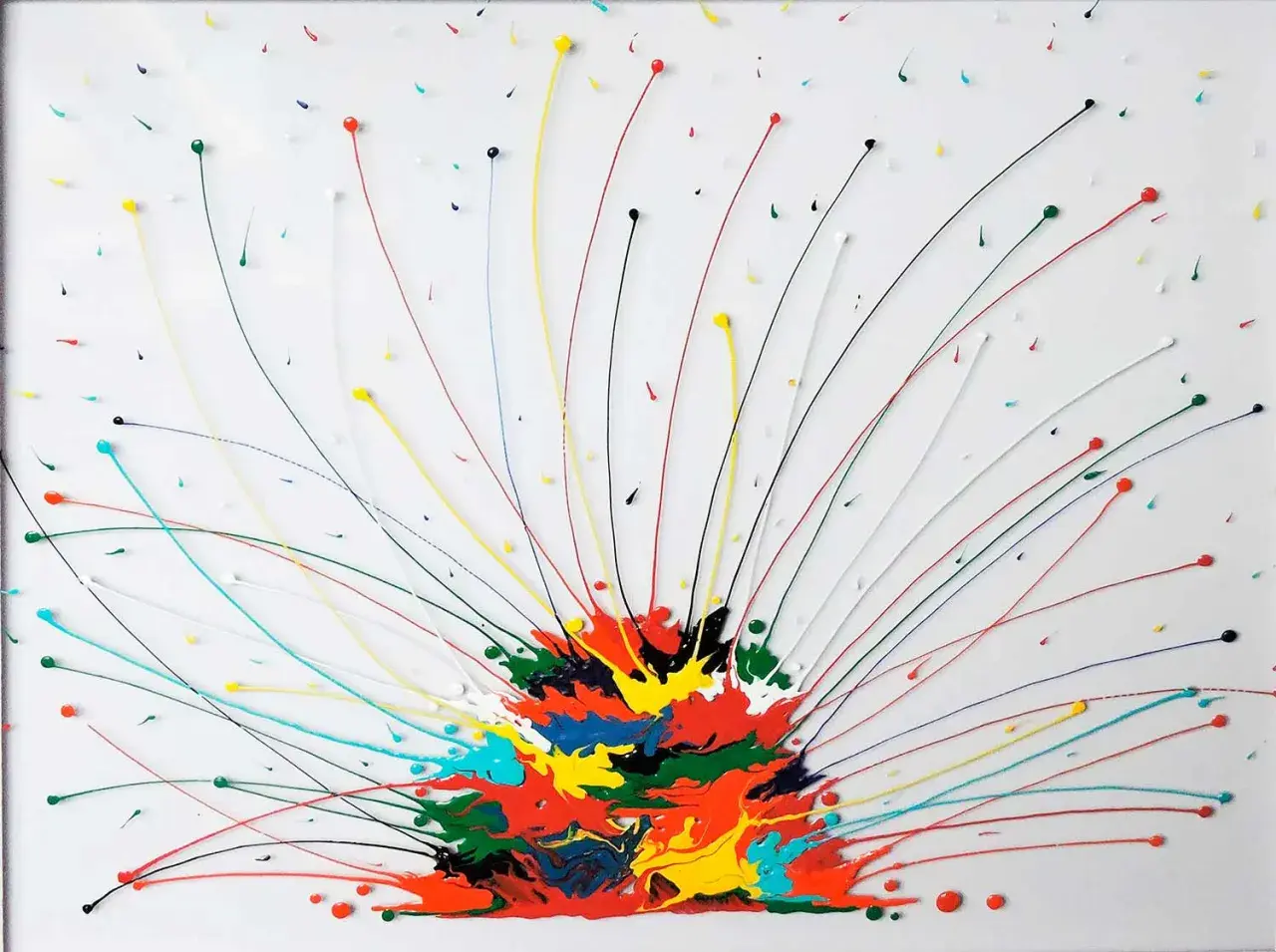 Une oeuvre d'art joie éclatante, où des fils de peinture colorée jaillissent d'un centre vibrant sur fond blanc, évoquant une explosion de bonheur.