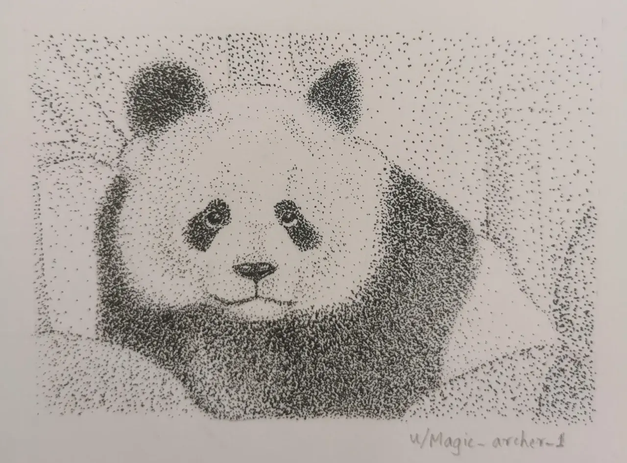 Un adorable panda au regard mélancolique, réalisé en dessin pointillisme facile. Chaque point contribue à la douceur de sa fourrure.