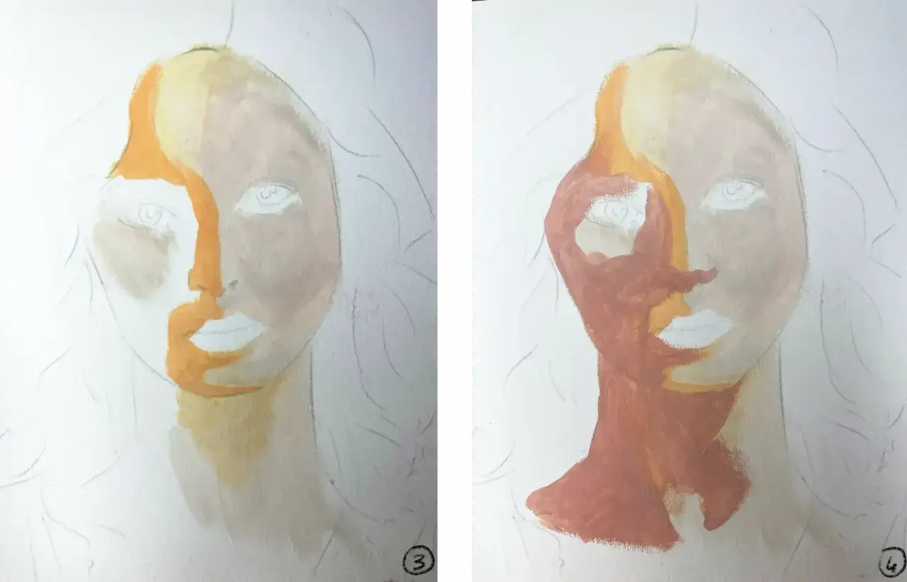 Portrait à l'huile en cours de création, montrant une moitié du visage avec des tons ocres et l'autre moitié avec des tons rosés.
