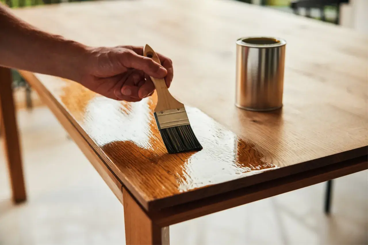 Application d'un vernis sur une peinture bois pour la protéger. La surface en bois est brillante et humide.