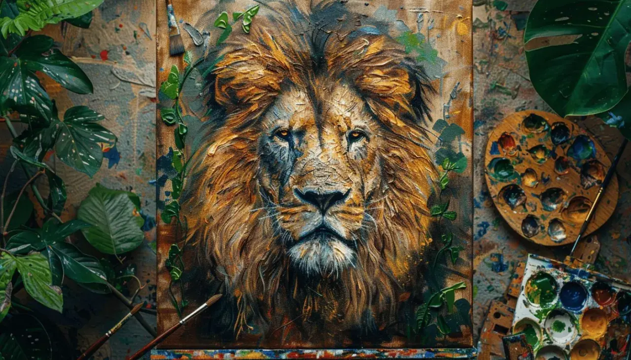 Portrait saisissant d'un lion, œuvre d'un peintre animalier contemporain. Palette et plantes vertes entourent la toile.
