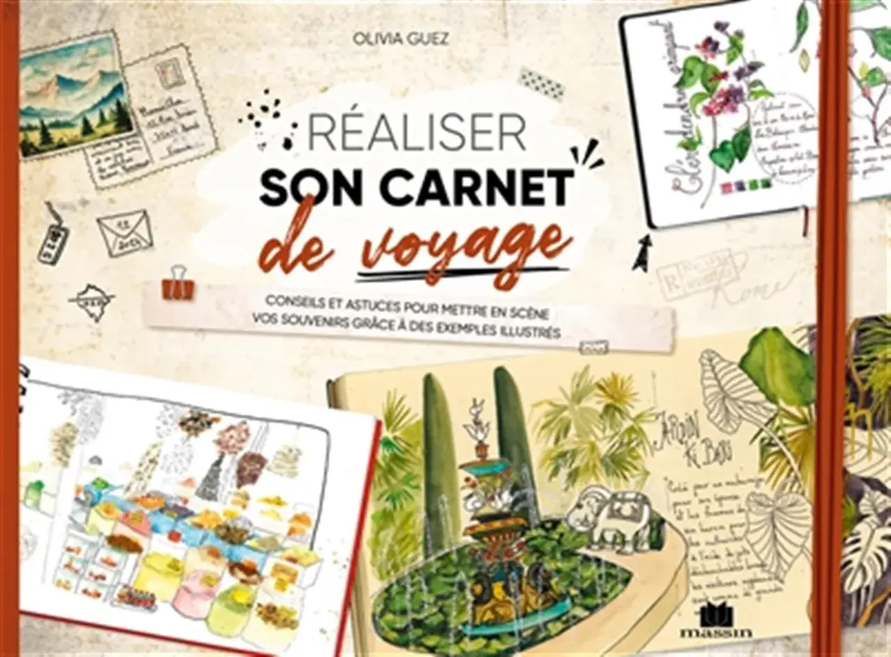 Un livre pour un dessin carnet de voyage facile, avec des illustrations de paysages, de fleurs et de scènes de vie.