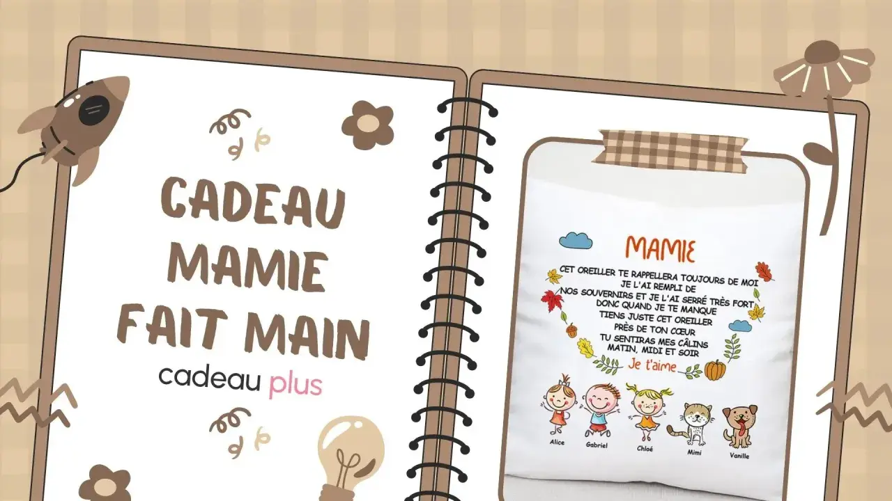Cadeau pour mamie à fabriquer facile : un coussin personnalisé avec des dessins d'enfants et un poème tendre.