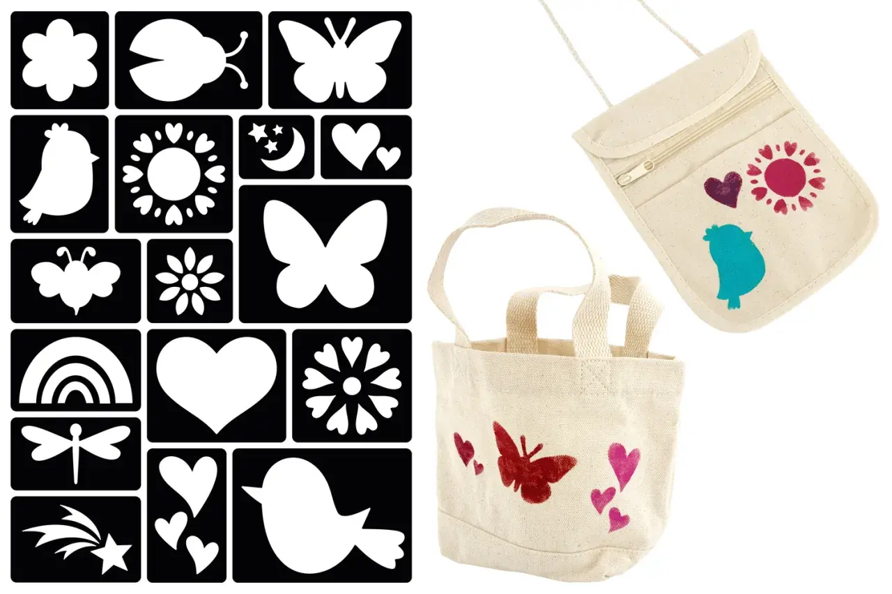Ensemble de pochoirs pour décorer sacs et pochettes. Apprenez comment faire un pochoir pour créer des motifs personnalisés : papillons, oiseaux, cœurs, etc.