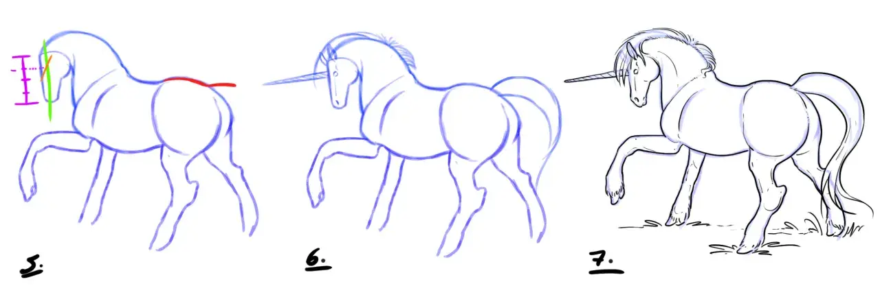 Étapes pour un dessin licorne facile : esquisses successives montrant la construction d'une licorne, de la structure de base à la forme finale.