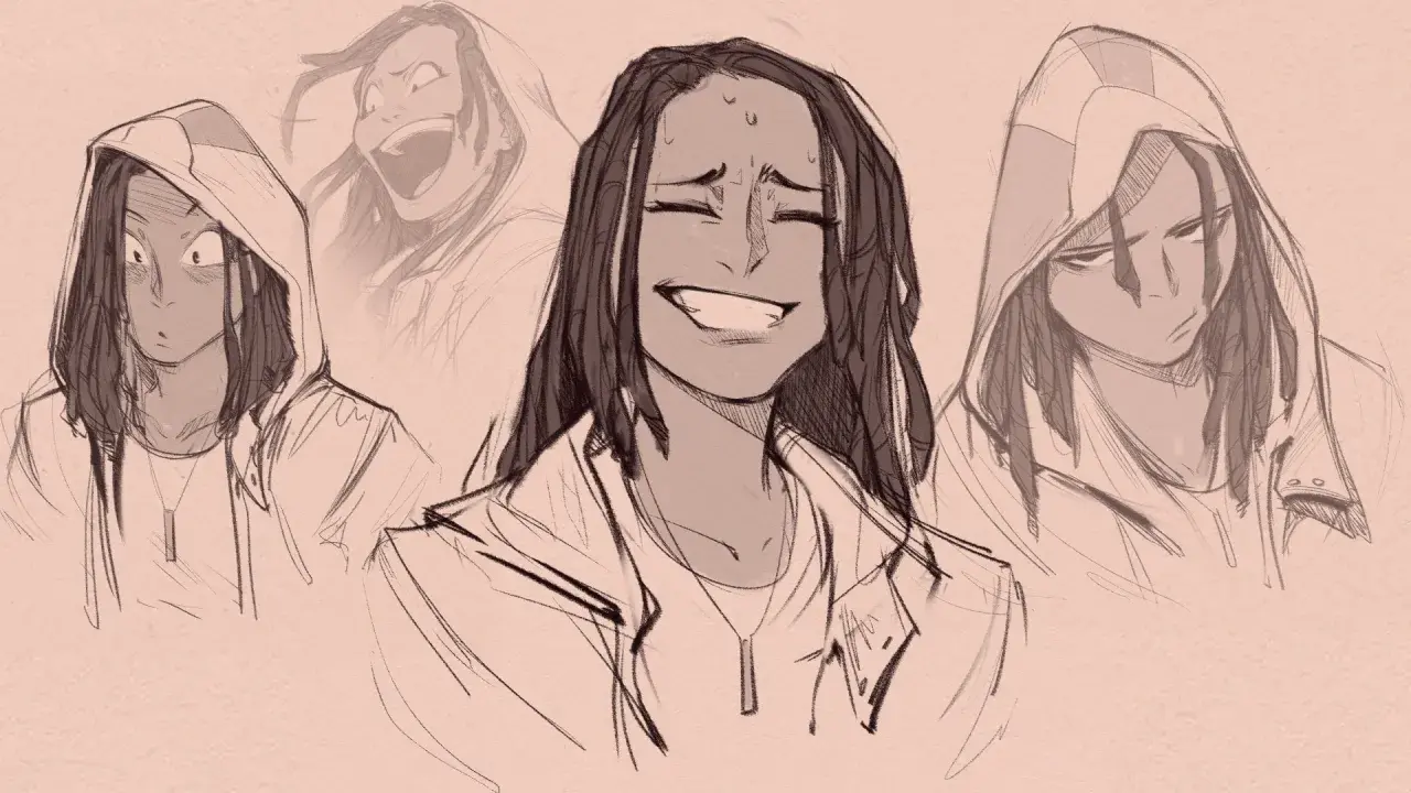 Un dessin facile de personnages montrant quatre expressions d'une personne aux dreadlocks, passant de la surprise à la joie intense, puis à la tristesse.