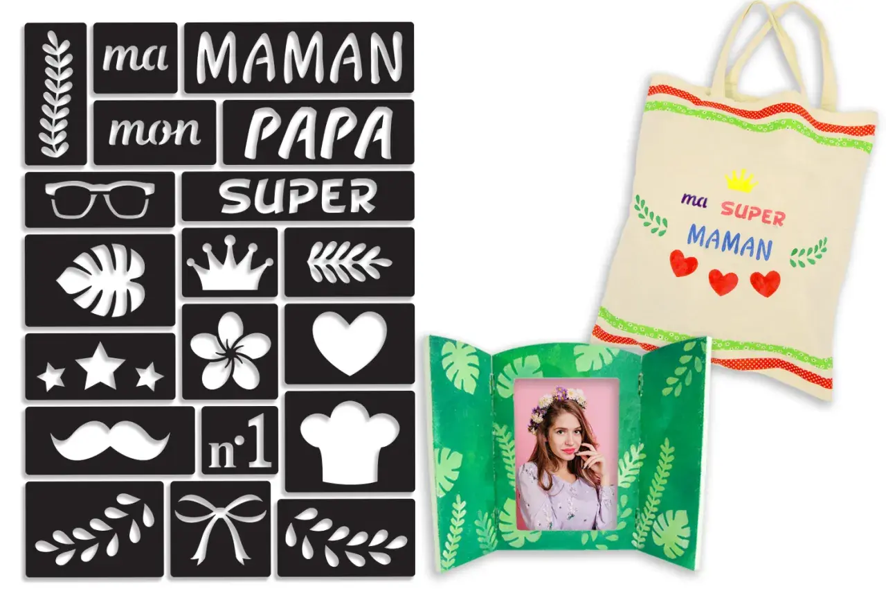 Ensemble de pochoirs pour créer un cadeau personnalisé : "ma SUPER maman" sur un tote bag, avec des motifs variés pour un dessin pochoir facile.