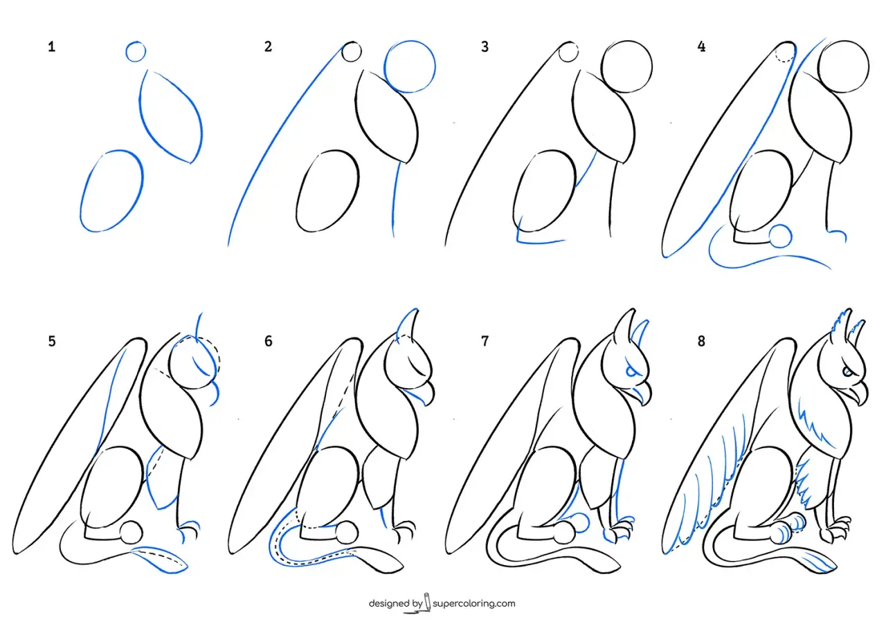 Étapes pour un griffon dessin facile. De simples formes guident la création de cette créature mythique.