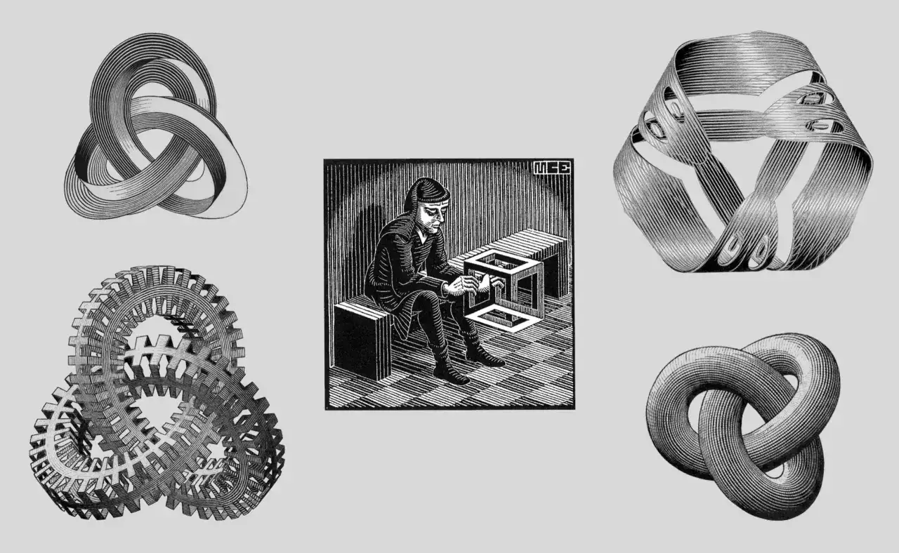 Collage d'œuvres d'art de Maurits Cornelis Escher : un homme crée un cube impossible, des rubans de Möbius, des nœuds et des engrenages entrelacés.