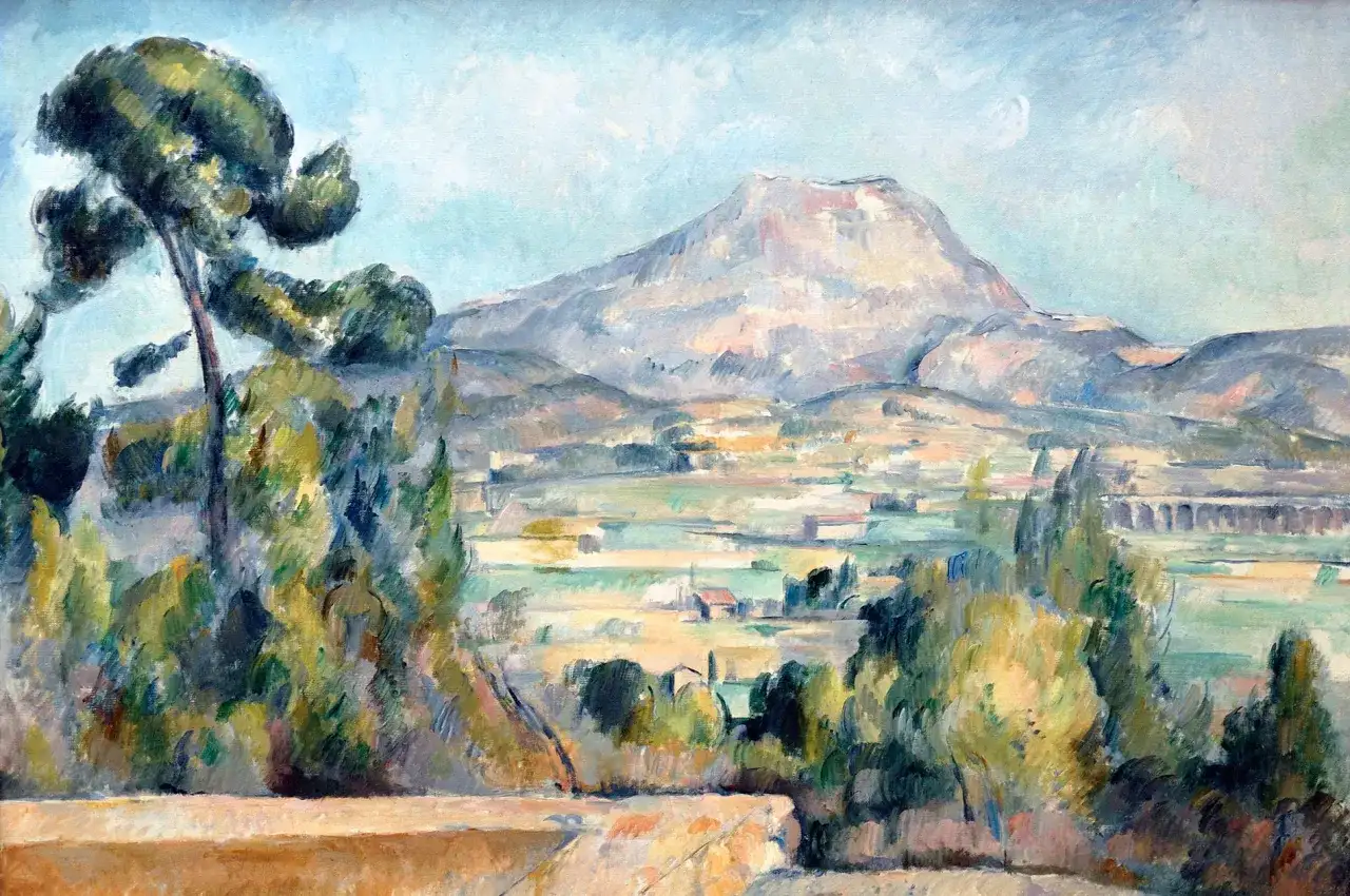 Peinture impressionniste d'un paysage de Provence, avec le Mont Sainte-Victoire en arrière-plan, des pins imposants au premier plan et une vallée verdoyante.