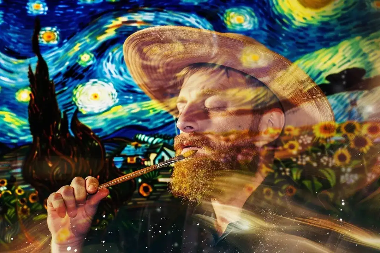 Un homme à barbe rousse, chapeau de paille, tient un pinceau. Son visage est superposé à "La Nuit étoilée" de Van Gogh, un hommage au peintre français.