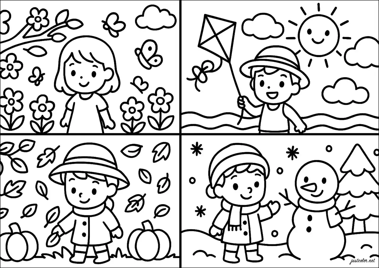 Un dessin 4 saisons facile : une fille au printemps, un garçon en été avec un cerf-volant, un autre garçon en automne avec des feuilles, et un dernier en hiver avec un bonhomme de neige.