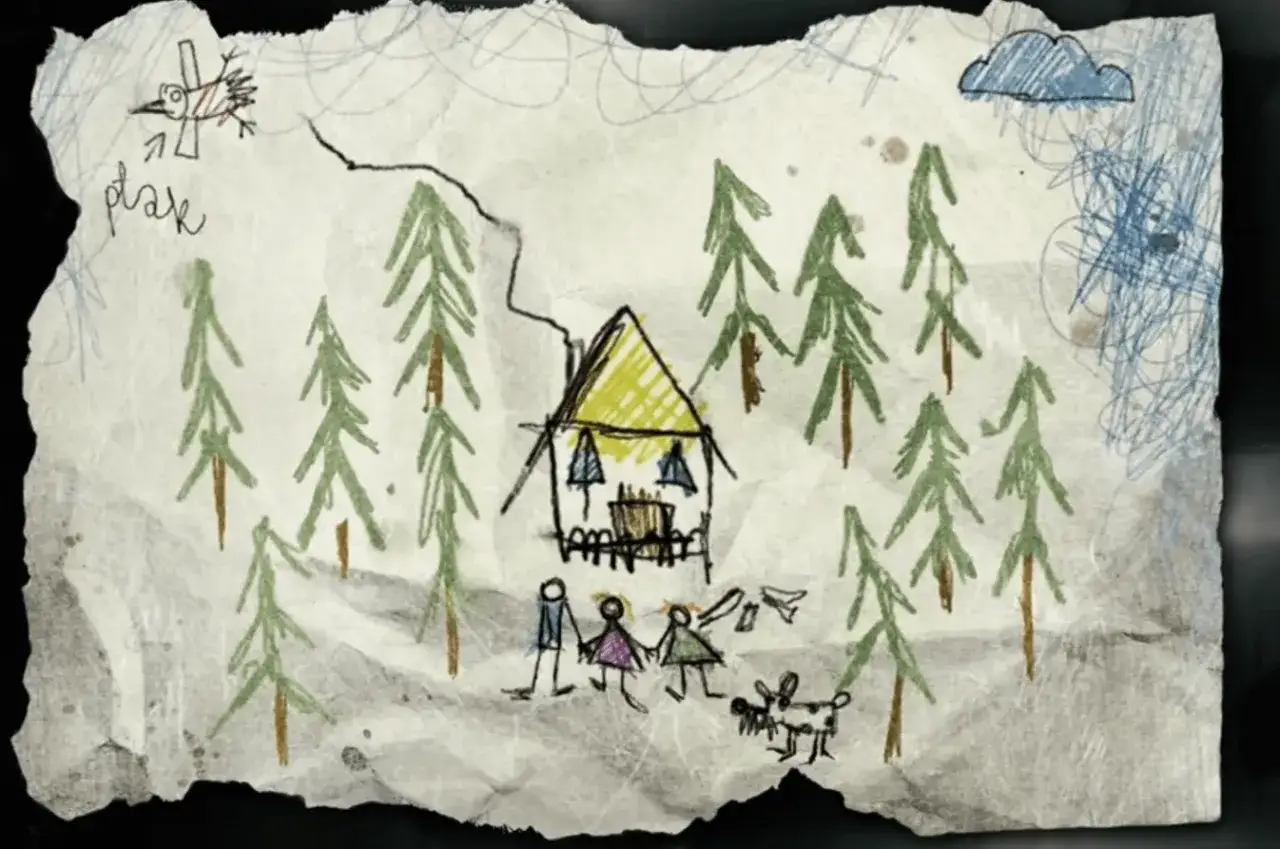 Dessin na&iuml;f : signification maison, soleil, arbre. Une famille et un chien devant une maison dans une for&ecirc;t. Un oiseau vole.