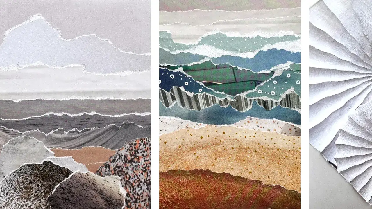Trois &oelig;uvres de technique collage papier &eacute;voquant des paysages abstraits. Des textures et couleurs vari&eacute;es cr&eacute;ent des reliefs et des horizons.