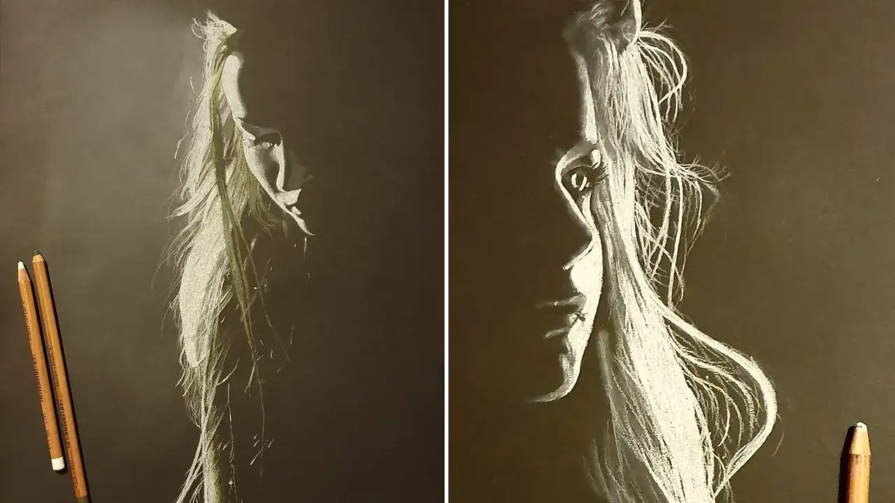 Un portrait saisissant, un dessin sur feuille noir facile, o&ugrave; la lumi&egrave;re blanche sculpte les traits d'une femme aux cheveux longs et ondul&eacute;s.
