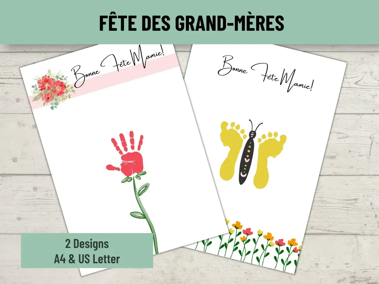 Deux mod&egrave;les de cartes pour la f&ecirc;te des grands-m&egrave;res : une main rouge en fleur, un papillon fait de pieds. Un cadeau pour mamie &agrave; fabriquer facile.
